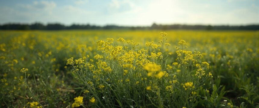 Bright sunny day highlighting wild mustard growth in crop fields
