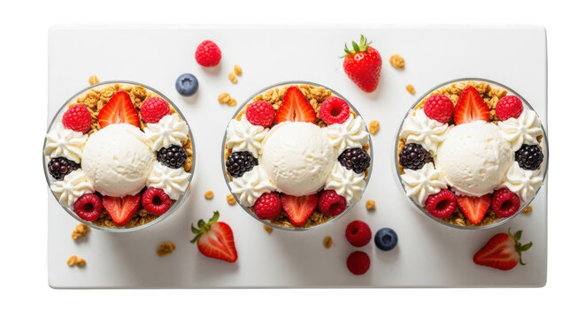 Three bowls of delicious berry granola parfaits with vanilla ice cream and whipped cream isolated on transparent background