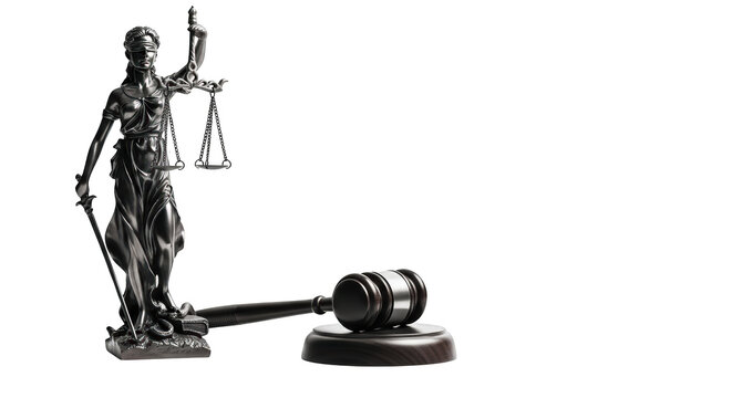 Statue of lady justice and a wooden judge gavel isolated on transparent background