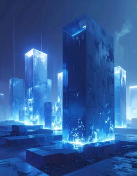 Futuristic blue glowing crystalline skyscrapers dominate a dark, atmospheric cityscape