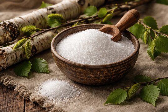 Organic sweetener birch xylitol displayed in rustic bowl with birch limb on fabric