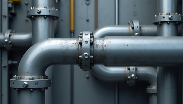 Industrial Piping System with Flanges and Valves in Detail.