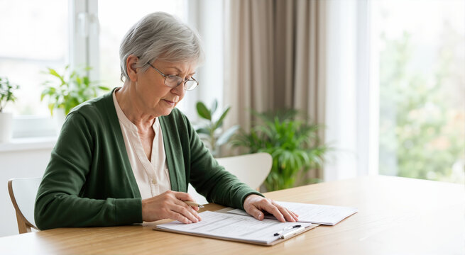 Senior woman reviewing medical documents at home. Elderly woman reading health records