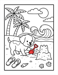 Fototapeta premium Cute puppy playing with a red shovel and building a sandcastle in north america sun.