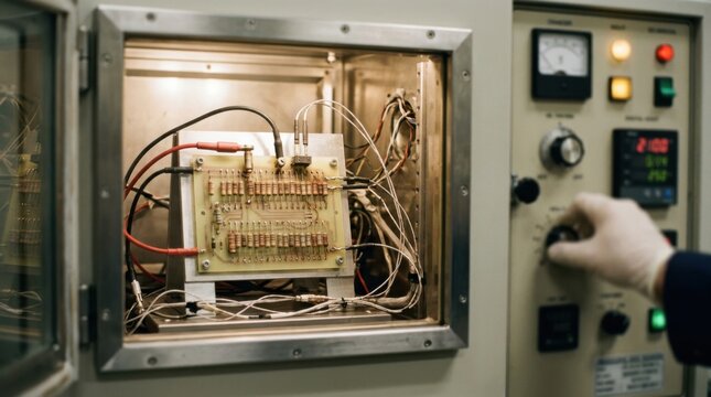 Aging resistors under elevated load and temperature in a HALT chamber to simulate extreme conditions and identify failure points during durability testing.