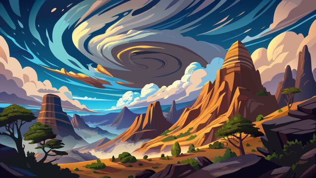 A captivating view of the swirling clouds and rugged landscape of the simien mountains in ethiopia, with dramatic cliffs and deep valleys, simien mountains scene. Enchanted Cliffs. Illustration and mo