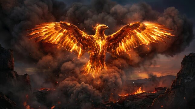 Majestic phoenix rising from intense volcanic flames with glowing feathers spread wide in this powerful dramatic photograph capturing the legendary bird of fire in mid flight