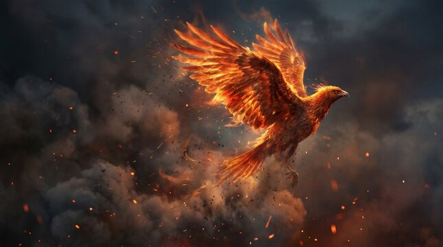 Majestic phoenix rising with powerful wings spread wide amidst intense swirling clouds of dark smoke and glowing embers in this dramatic and high quality cinematic photograph