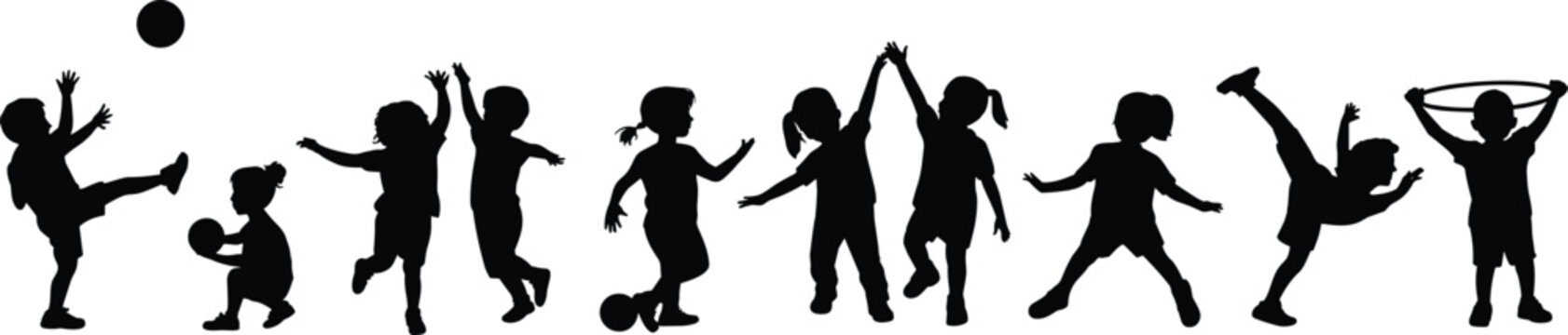 Silhouettes of children playing sports games running jumping and dancing together on a white background for school banner design