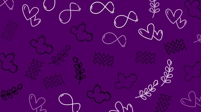 Purple background with whimsical doodles. Hearts, clouds, leaves, and infinity symbols float freely. Simple line art gives playful, romantic feel. Ideal for designs with love, unity