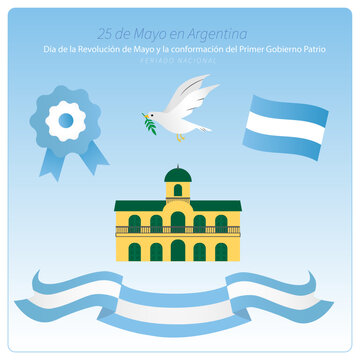 25 de Mayo de 1810, Revoluci&oacute;n de Mayo Argentina, cabildo abirto, plantilla de iconos vectoriales color.