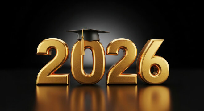 Golden 2026 graduation year numbers with a black graduation cap on top, reflecting light against a dark background