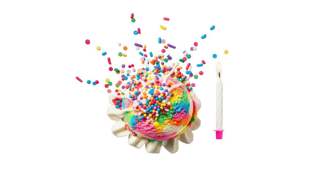 A scoop of colorful rainbow ice cream with sprinkles exploding and a lit birthday candle isolated on transparent background