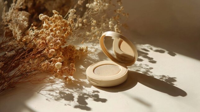 Soft, sunlit compact makeup with delicate dried flowers and dappled shadows
