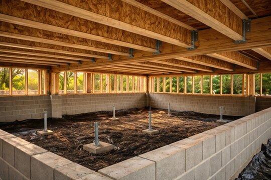Structural engineered wood floor joists supporting home build over foundation crawl space