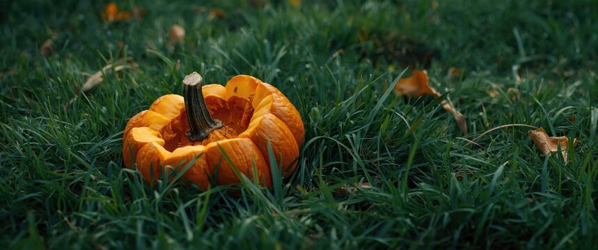 A broken down pumpkin nestled in a vibrant green grassy clearing