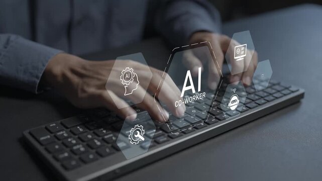 Digital AI co worker technology concept. Person typing keyboard with intelligent assistant and teamwork icons, automated support, smart collaboration and modern workplace innovation.