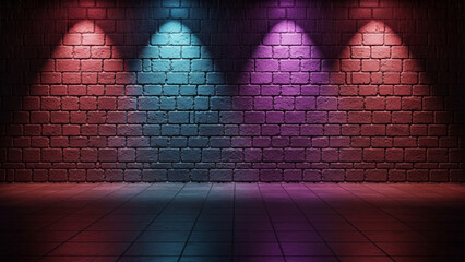 Red and blue and purple spotlights shining down on a dark textured brick wall and a tiled floor surface in a dimly lit interior room setting with vibrant neon light beams casting shadows © VxGFX