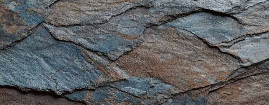 Close-up view of layered, textured slate tiles in blue and brown hues
