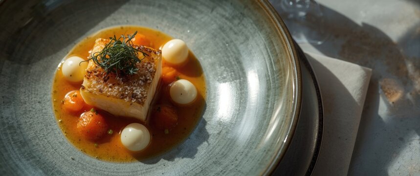 Birds eye perspective on pan-seared cod with skin, passion fruit sauce, cream quenelles, and seaweed in a modern ceramic dish