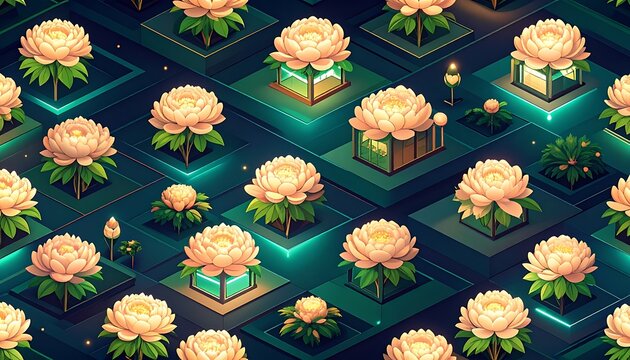 Pixel art garden with blooming peonies and geometric patterns, digital illustration, futuristic floral design with glowing accents and vibrant colors, generative art.