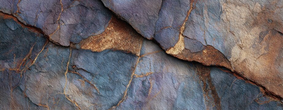 Close-up of fractured slate with blue, purple, and golden mineral veins