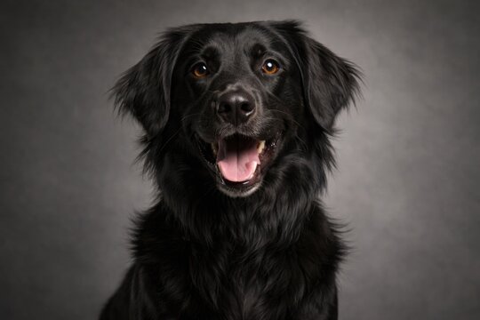 Studio capture showing a lively mixed breed dog combining flatcoated and labrador looks against grey backdrop
