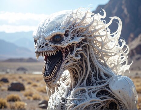 Alien beast with bone ridges in arid mountains