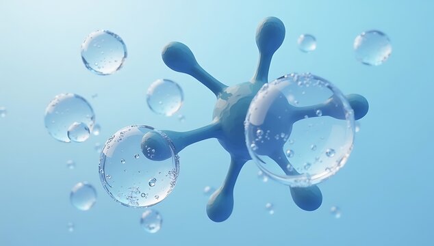 Abstract Molecular Structure with Water Droplets on Blue Background.