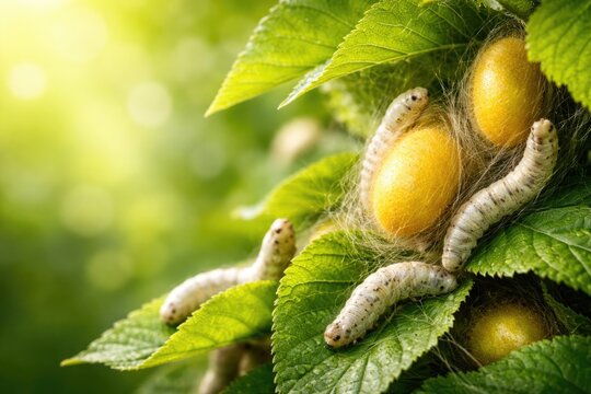 Detailed view of silkworms creating cocoons on vibrant mulberry leaves and copy space