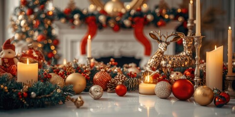 Fototapeta premium Christmas themed decorations displayed on a clean white table surface with copy space for text