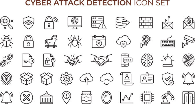 Cyber Attack Detection Icon Set with Threat Monitoring Security Analysis and Network Protection System Symbols