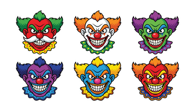 Scary Evil Clown Face Collection with Creepy Circus Joker Mascot Characters for Halloween Horror Tattoo Vector Illustration Set.