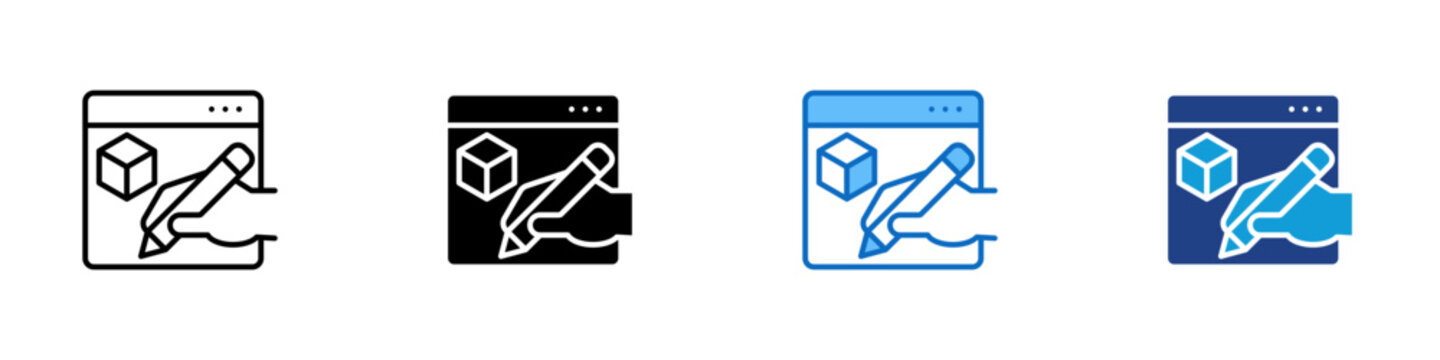 Web Prototyping Multiple Style Icon Design Vector - Browser page with cube and hand holding pencil representing web prototyping, product modeling, and creative interface development