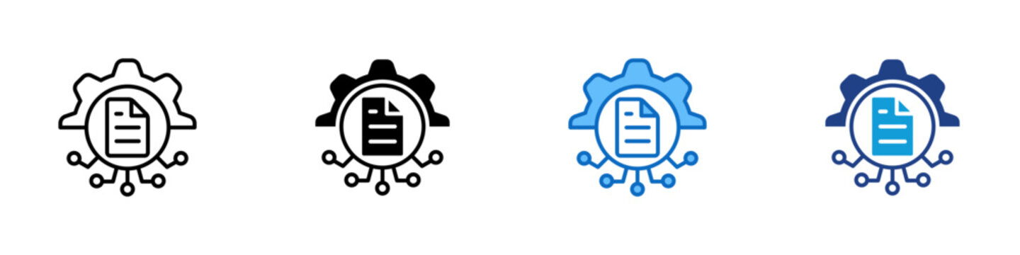 Document Automation Multiple Style Icon Design Vector - Gear with document and circuit nodes representing document automation, workflow processing, and digital system integration
