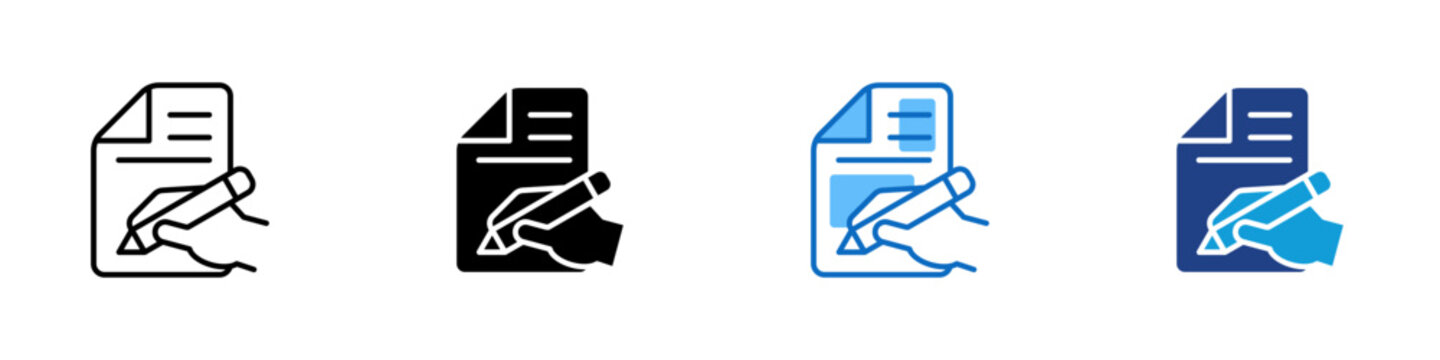 Document Editing Multiple Style Icon Design Vector - Document with pencil and hand representing content editing, form completion, and paperwork revision