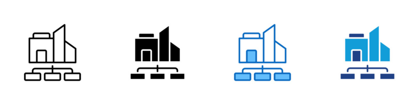 Factory Structure Multiple Style Icon Design Vector - Factory with hierarchy nodes representing industrial organization, production structure, and facility management