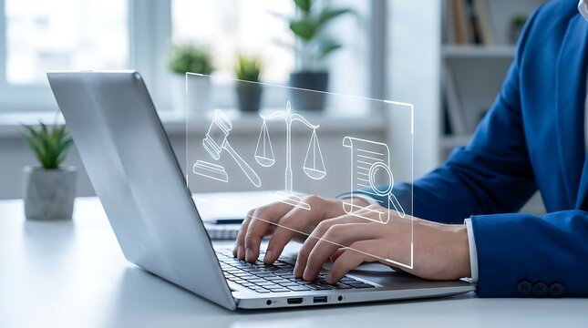 Business professional typing on laptop with law icons business professional technology computer information corporate