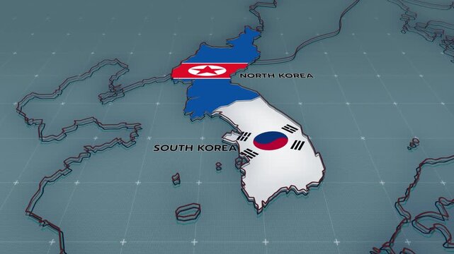 a stylized 3D map highlighting SOUTH KOREA, SOUTH KOREA flag, SOUTH KOREA MAP,south korea vs north korea, north korea flag,