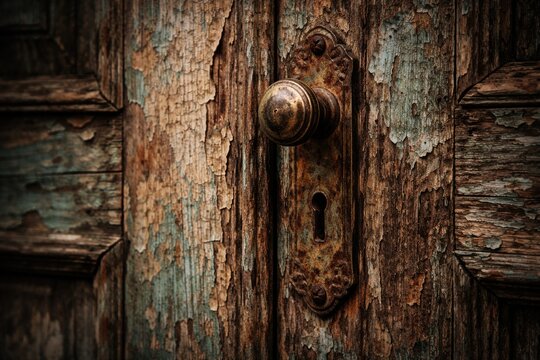 Macro view of timeworn wooden door exhibiting faded paint and distressed surface style