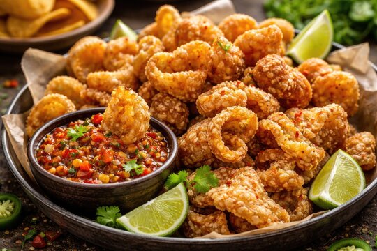 Savory chicharron snack accompanied by zesty salsa and crispy chips