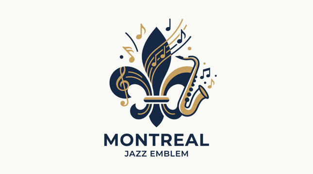 An elegant flat design illustration combining the iconic Montreal Fleur-de-lis with subtle jazz musical notes and instrument elements. 
