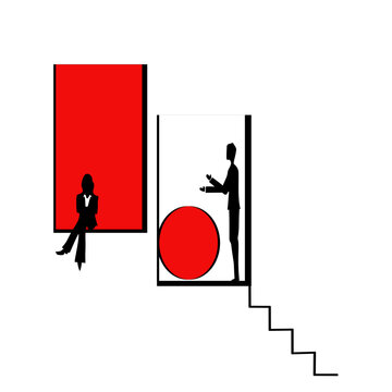 Modern business collaboration concept featuring abstract figures interacting with a central idea in a dynamic, graphic setting