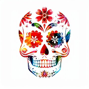 Colorful Sugar Skull with Flowers. Day of the Dead Celebration Art