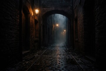 Obraz premium Mysterious old brick and cobblestone lane with dim lighting creating a scary atmosphere