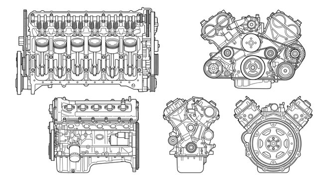 Engine block mechanical component technical drawing blueprint with front side back and top views CAD line art vector illustration