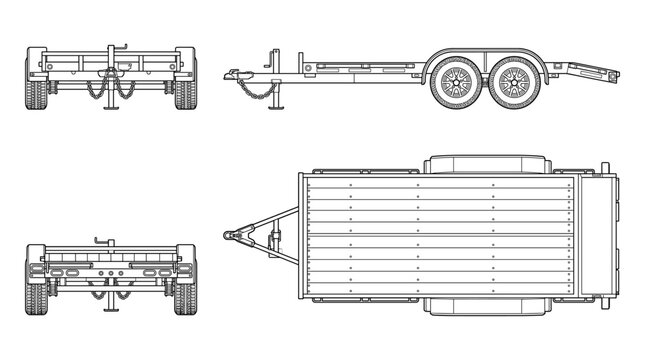 Flatbed trailer transport vehicle technical drawing blueprint with front side back and top views CAD line art vector illustration