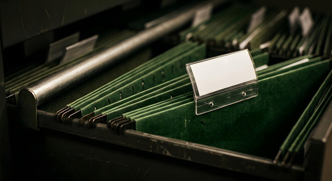 White empty label placed in plastic holder on green hanging file folder