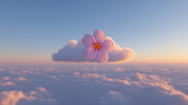 A delicate pink flower floating above a soft fluffy cloud in a clear blue sky at sunset time