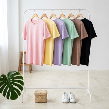 Colorful Blank T-Shirts Hanging on Clothing Rack